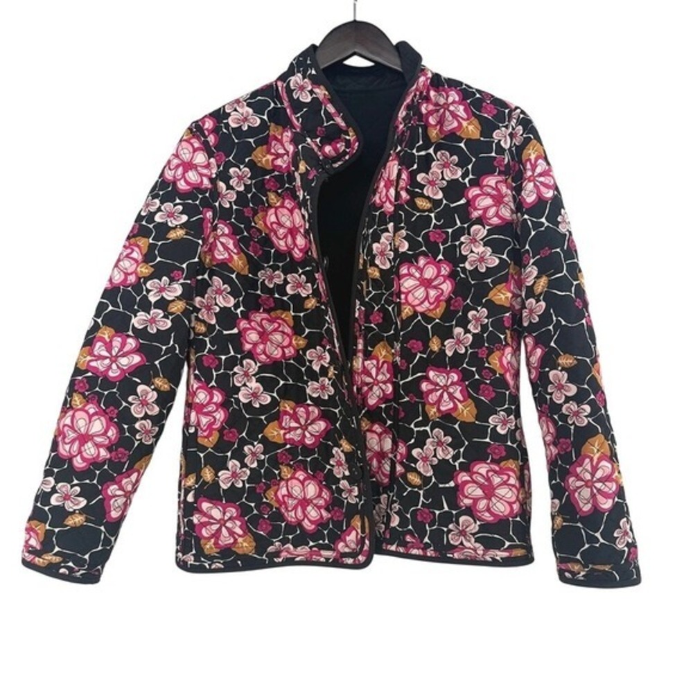 Talbots Reversible Quilted Jacket Black Pink Floral Button Front Womens Size M